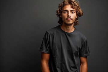 Obraz premium Young Man With Long Wavy Hair Posing In Front of a Grey Background