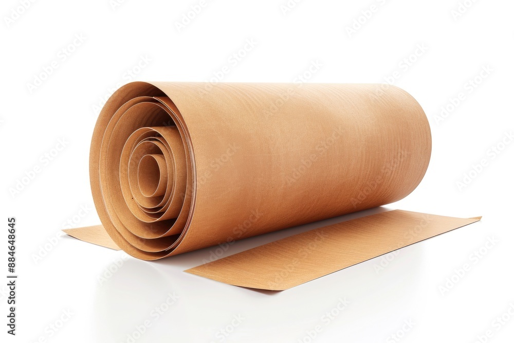 Aufkleber A single roll of brown paper lying on a clean white surface, ideal for use in craft projects or as a prop in photography and videography