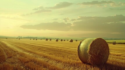 Harvested hay bales on a vast farm field