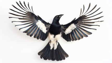 Obraz premium Eurasian magpie in flight: stunning black and white feathers against a white background