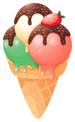 Vector cute cartoon ice cream with colorful cream balls, waffle cone, chocolate glaze and strawberry sticker on a transparent background. Cute sweet food ice cream sticker art design