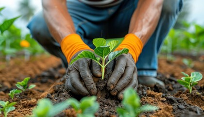 Naklejka premium A Skilled Gardener Carefully Tending to a Vibrant Flower Bed, Cultivating a Lush Garden with Expertise and Passion, A Close-Up View of Dedicated Hands Nurturing Growth and Beauty