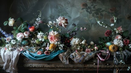 Fototapeta premium Table adorned with flowers ribbons and jewels