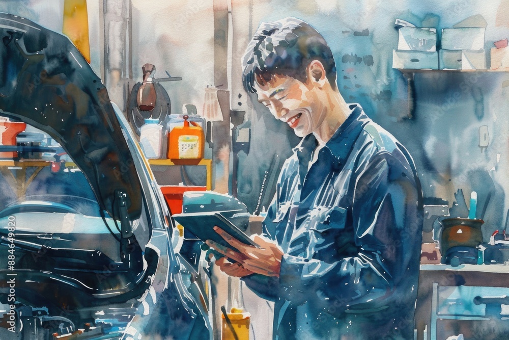 Aufkleber A person working on a tablet device with digital display and keyboard
