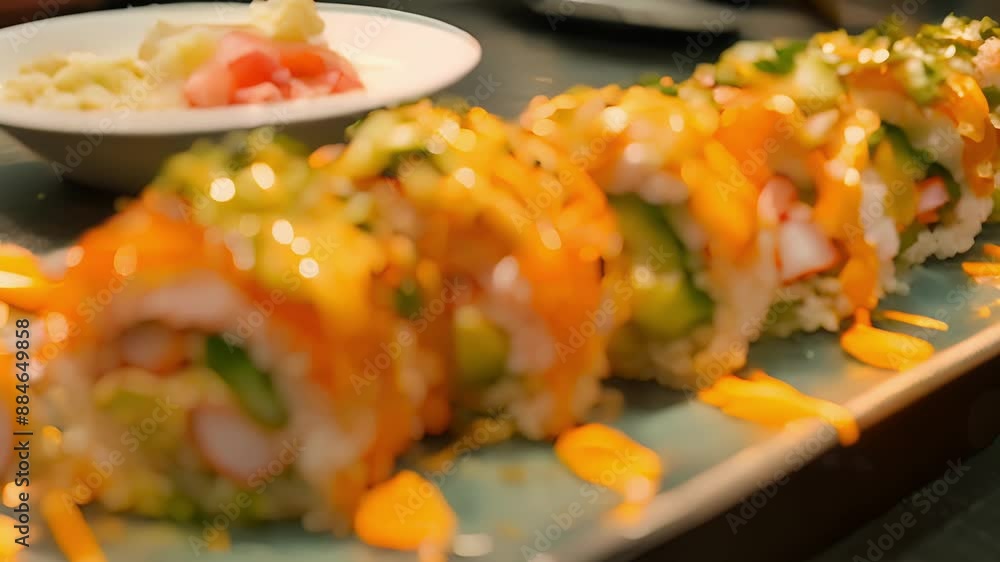 Poster handrolled sushi filled with colorful veggies like cucumber avocado and carrot and drizzled with a y