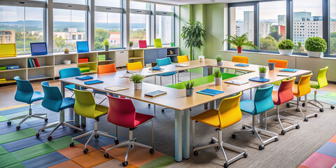 Vibrant colorful props and interactive materials scatter a modern training room table, conveying a sense of collaboration and unity in a diverse workplace environment.
