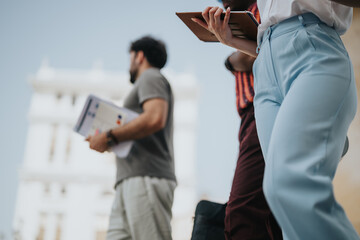 Close-up of two business professionals holding documents and a tablet while walking outdoors in an...