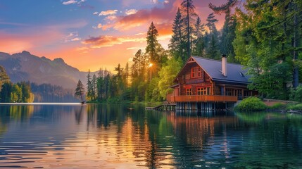 Fototapeta premium Vacation house with scenic lake view