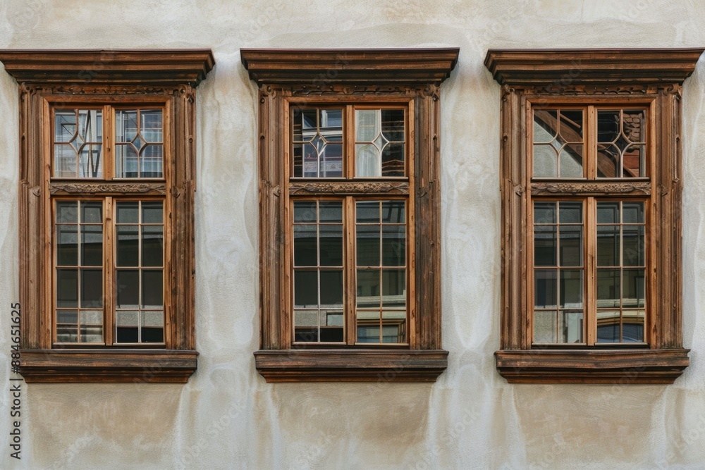 Poster three windows on the side of a building
