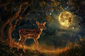 Magical scene with a young fawn under a glowing full moon in a mystical forest at night