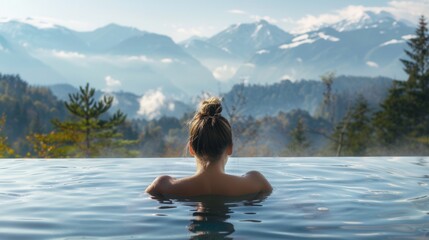 Fototapeta premium Back view of a female in spa pool with beautiful scenic view