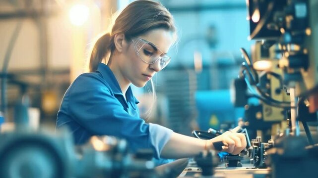 Young Caucasian woman in twenties wearing safety glasses and blue work suit concentrates on fixing machinery in a well-lit workshop. The environment reflects precision and dedication.