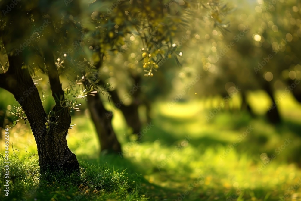 Poster magical scene of sunlit olive trees with sparkling bokeh in a tranquil grove