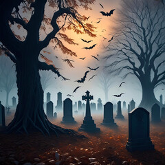 Scary view of a cemetery with bats at night