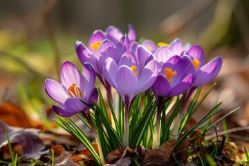 Stunning cluster of purple crocus flowers shine amid a sunlit, natural setting