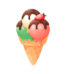Vector cute cartoon ice cream with colorful cream balls, waffle cone, chocolate glaze and strawberry sticker on a transparent background. Cute sweet food ice cream sticker art design