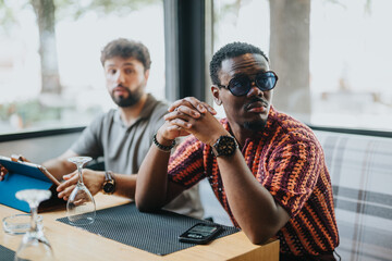 Two diverse men engaged in a casual business meeting at a coffee bar, discussing ideas and collaborating.