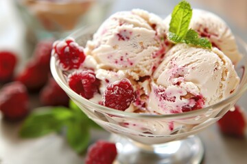 Creamy raspberry ripple ice cream garnished with fresh raspberries and mint in a clear bowl