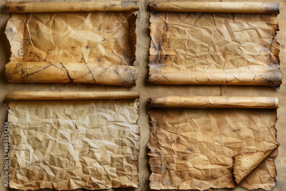 Poster a collection of vintage papers lying flat on a surface, with creases and folds giving them a worn ap
