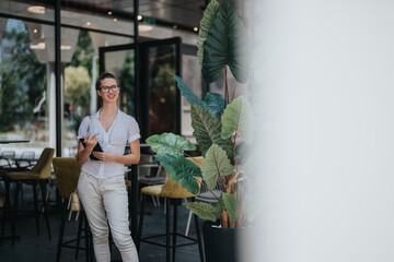 A smiling woman holding a tablet in a modern outdoor cafe surrounded by greenery, conveying a relaxed and professional atmosphere.