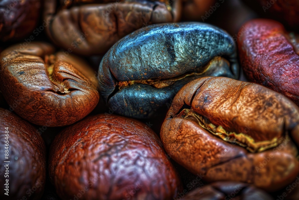 Poster a pile of coffee beans stacked on top of each other, ideal for use in food photography or as a decor