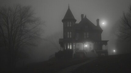 Digital illustration of a Victorian house in an eerie setting under the fog on a bright moonlit night. Scary and mysterious Victorian house.