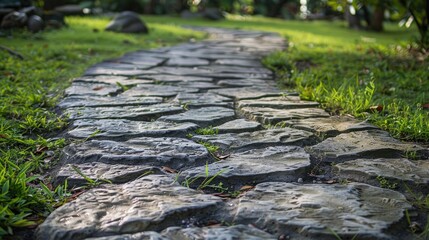 Naklejka premium Stone path with stamped concrete and grass