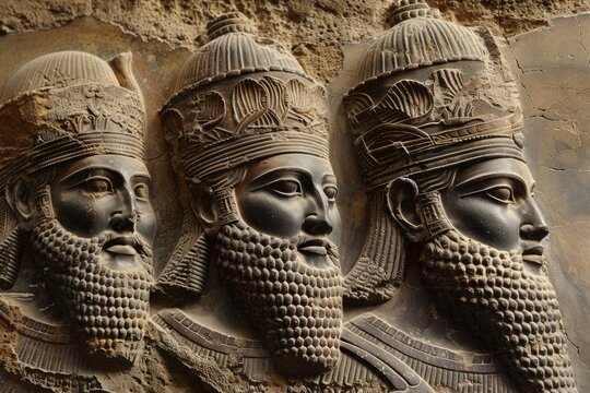 Detailed basrelief of persian kings from persepolis with intricate headdresses