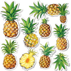 Collection sticker of pineapple, white background, vector illustration