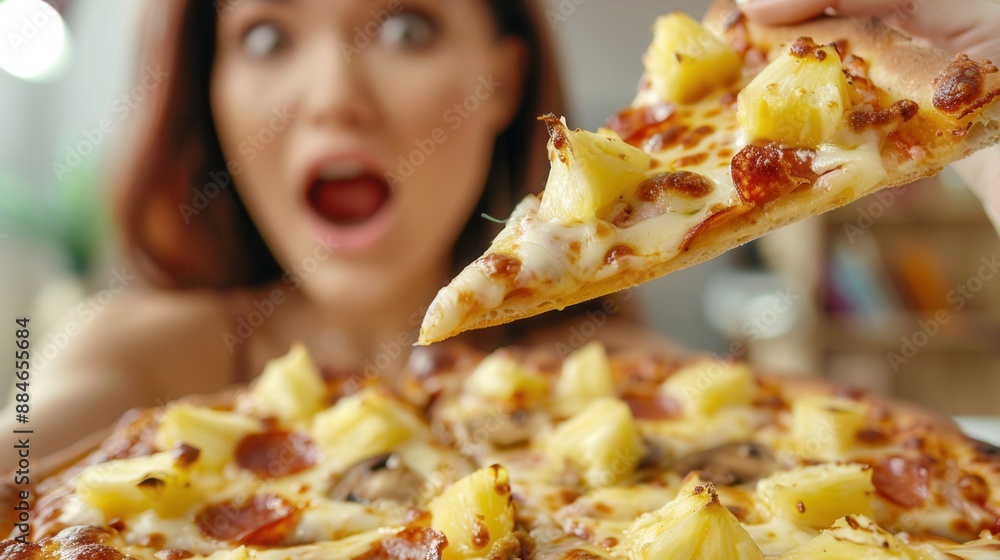 Poster surprised female and pineapple pizza. funny.