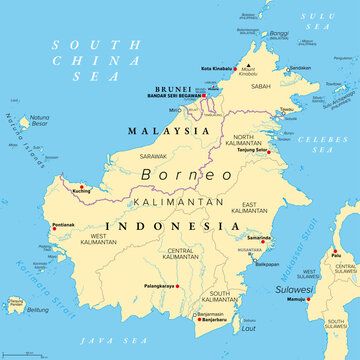 Borneo, divided among Malaysia, Brunei and Indonesia, political map. Third-largest island in the world and one of the Greater Sunda Islands, in the geographic centre of Maritime Southeast Asia. Vector