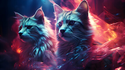 Two Cats in Plastic with Neon Lights - Photo