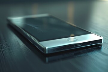 Sleek, contemporary smartphone rests on a dark wooden tabletop, showcasing advanced technology design