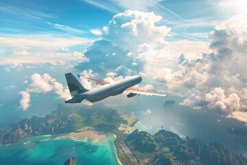 Naklejka premium An airplane soaring above the ocean and a distant landscape