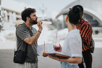 A group of young professionals having a discussion about their project outdoors while enjoying fresh drinks.
