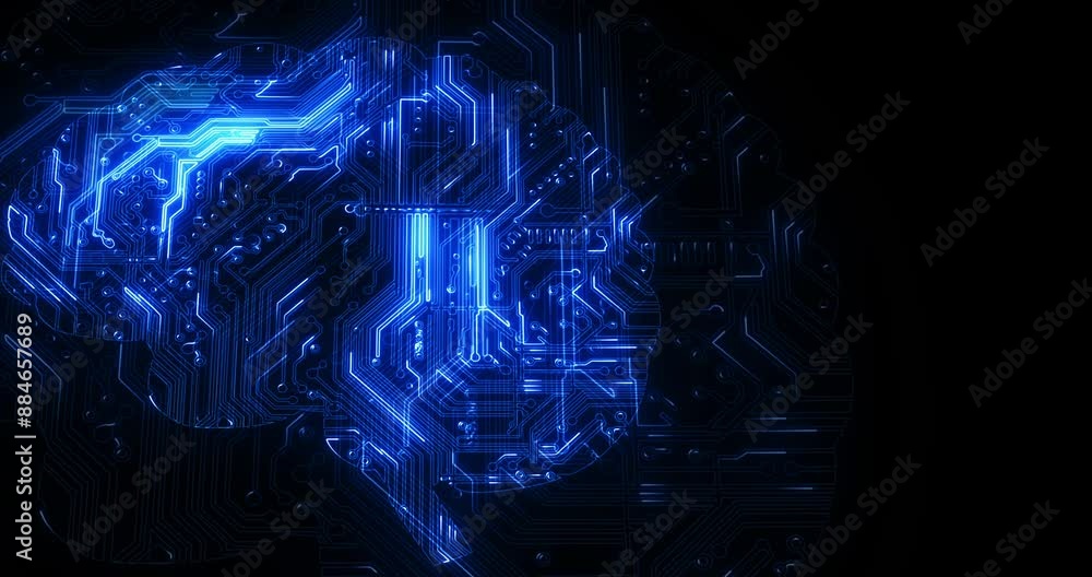 Poster Circuit, digital brain and technology for ai, artificial intelligence or big data on black background. Neural network, information or machine learning on future electric cyber computer for innovation