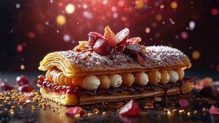 Delicious Pastry with Chocolate Sauce, Cream and Berries.