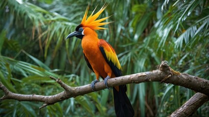 Obraz premium Vibrant Bird Perched on Branch in Lush Tropical Forest