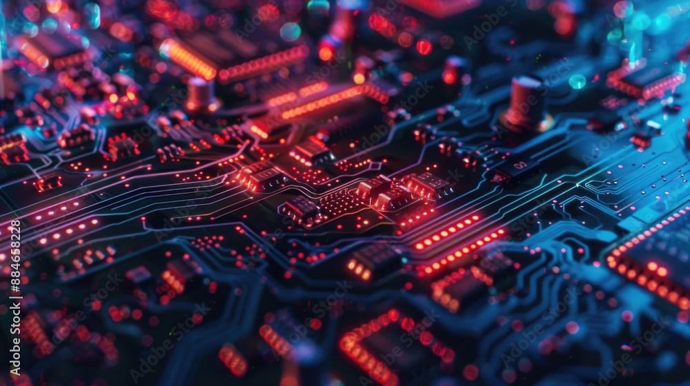 Poster A detailed view of a computer circuit board with various electronic components and wires