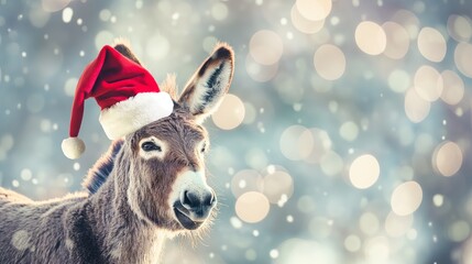 Donkey with Santa Hat in Snowfall