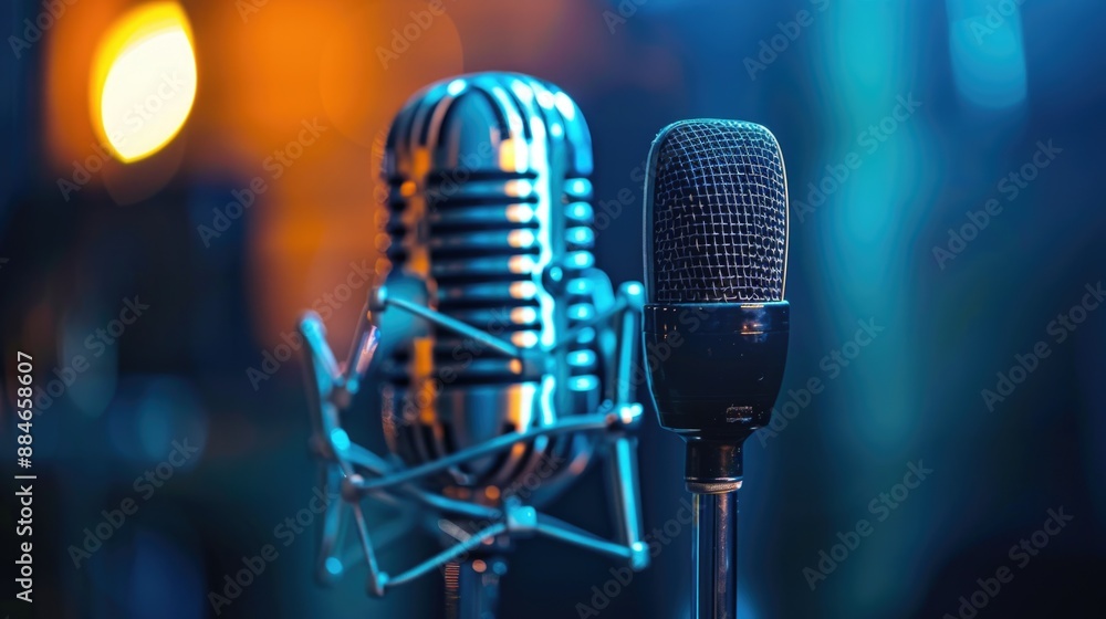 Poster A close-up view of a microphone with a blurry background