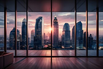 Modern City Skyscraper Architecture: Urban Business Skyline view from glass window with Sunset Views, Office Districts, Cityscape, downtown office towers, urban architecture and Business Landmarks.