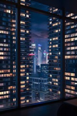 Modern City Skyscraper Architecture: Urban Business Skyline View from Glass Window with Night Lights, Office Districts, Cityscape, Downtown Office Towers, Urban Architecture, and Business Landmarks.