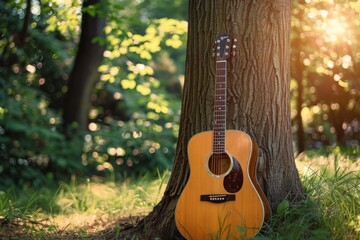 Acoustic Guitar Leaning Against a Tree in a Forest