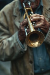 Fototapeta premium A person plays a trumpet on the street, possibly for tips or entertainment