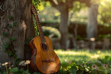 Acoustic Guitar Leaning Against a Tree in a Sunny Garden