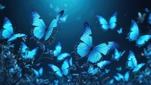 Blue Morpho Butterflies in Flight.