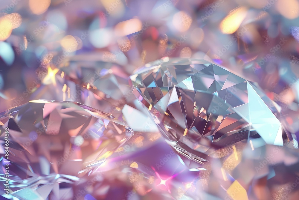 Poster closeup of glittering diamonds with a colorful bokeh effect backdrop