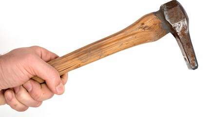 A photographic image showing a hand holding a worn hammer, with a focus on its wooden handle and metal head, symbolizing hard work and resilience.