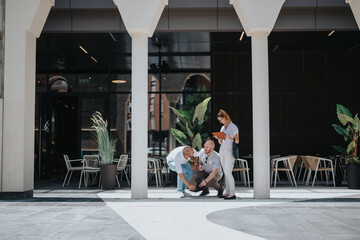 Three businesspeople working on a project outside a modern building. Collaboration and teamwork in a casual outdoor setting.